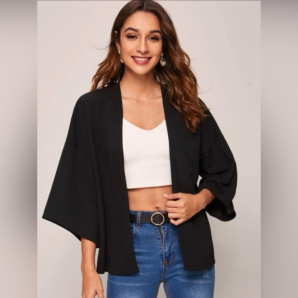 Black Drop Shoulder Bell Sleeve Solid Kimono SHEIN Size L